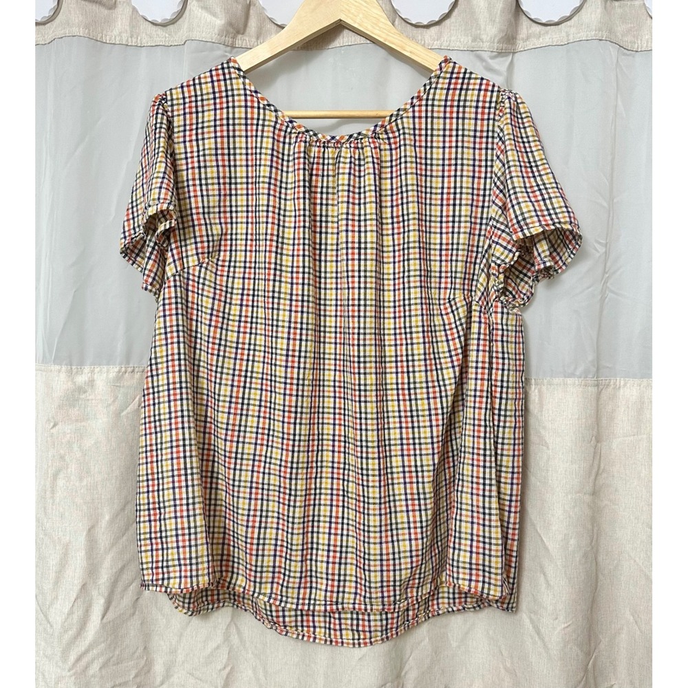 St Johns Bay Women 1X Rainbow Plaid Blouse Puff Shoulder Keyhole Back Top